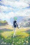  1other :o androgynous black_footwear black_necktie black_shorts cliff cloud cloudy_sky collared_shirt crystal_hair dandelion dandelion_seed day detached_sleeves flower flying_paper full_body gem_uniform_(houseki_no_kuni) grass green_eyes green_hair highres holding holding_paper houseki_no_kuni inaeda_kei long_sleeves looking_at_viewer necktie ocean open_mouth outdoors paper phosphophyllite puffy_short_sleeves puffy_sleeves shirt short_hair short_shorts short_sleeves shorts sky solo standing water white_shirt 
