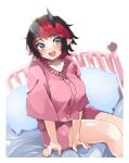  1girl :d absurdres alternate_costume bangs bed black_hair blue_eyes blush border breasts commentary_request demon_girl demon_horns feet_out_of_frame highres horns large_breasts looking_at_viewer multicolored_hair on_bed open_mouth pink_shirt pink_shorts pointy_ears red_hair ryugasaki_rene shirt short_hair shorts sitting sitting_on_bed smile solo sugar_lyric two-tone_hair virtual_youtuber white_border zono_(inokura_syuzo029) 