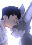  anthro black_hair canid canine canis clothing duo fur grey_body grey_fur hair hi_res human kissing male male/male mammal shirt stampmats topwear white_hair wolf 