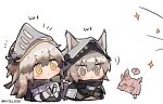  3girls ? animal_ears arknights ashlock_(arknights) black_gloves brown_hair chibi clapping crossed_arms ear_covers ears_through_headwear fartooth_(arknights) flametail_(arknights) gauntlets gloves grey_eyes hair_between_eyes highres kyou_039 long_hair multiple_girls notice_lines oripathy_lesion_(arknights) short_hair sparkle spoken_question_mark squirrel_ears squirrel_girl upper_body visor_(armor) visor_lift 