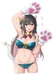  1girl absurdres alternate_costume animal_ears animal_hands black_hair bra breasts cat_ears cat_tail fake_animal_ears fake_tail fur-trimmed_bra fur-trimmed_panties gloves green_bra green_panties highres jouzaburou_(joe3) kantai_collection large_breasts long_hair multicolored_hair naganami_(kancolle) navel panties paw_gloves pink_hair solo strapless strapless_bra tail translation_request two-tone_hair underwear yellow_eyes 