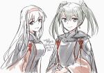  2girls brown_eyes chitose_(kancolle) chiyoda_(kancolle) dated green_eyes green_skirt hairband kantai_collection long_hair looking_at_viewer multiple_girls orikoshi_shino raincoat shoukaku_(kancolle) signature skirt smile twintails white_background white_hair zuikaku_(kancolle) 