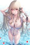  1girl bangs blush breasts cleavage grey_hair hair_between_eyes highres huge_breasts long_hair looking_at_viewer nail_polish narrow_waist one-piece_swimsuit partially_submerged petals pointy_ears red_eyes ribbon sencha_(senchat) solo swimsuit thighs vampire very_long_hair wet 