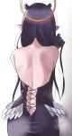  1girl absurdres bare_back bare_shoulders black_dress black_hair dress from_behind gradient gradient_background grey_background halo highres hololive hololive_english long_hair ninomae_ina&#039;nis pointy_ears solo virtual_youtuber white_background zd_(pixiv6210083) 