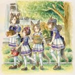  4girls air_groove_(umamusume) animal_ears beanie border bow bowtie brown_eyes brown_footwear brown_hair bucket bush commentary_request ear_covers ear_ornament ears_through_headwear flower from_side full_body grass hairband hat highres holding holding_bucket holding_flower_pot holding_watering_can horse_ears horse_tail loafers long_hair multiple_girls nakayama_festa_(umamusume) narita_taishin_(umamusume) nishino_flower_(umamusume) nukakonoe outdoors painting_(medium) pleated_skirt puffy_short_sleeves puffy_sleeves purple_bow purple_shirt school_uniform shirt shoes short_hair short_sleeves skirt summer_uniform sunflower tail thighhighs tracen_school_uniform traditional_media tree umamusume walking watercolor_(medium) watering_can white_legwear white_skirt 