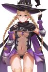 1girl absurdres alternate_costume ass_visible_through_thighs bangs black_gloves black_panties black_underwear blonde_hair blue_eyes bodystocking braid breasts capelet center_opening commission commissioner_upload cosplay covered_navel daweykun fingerless_gloves fire_emblem fire_emblem_fates gloves hat highleg highleg_leotard highres hilda_(stella_glow) hilda_(stella_glow)_(cosplay) leotard long_hair looking_at_viewer medium_breasts nina_(fire_emblem) non-web_source panties parted_bangs revealing_clothes smile solo stella_glow thighhighs transparent_background twin_braids underwear upper_body witch_hat 
