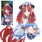  1girl bangs blue_eyes blunt_bangs blush closed_mouth clothing_request fari_xo genshin_impact hair_ornament highres horns long_sleeves looking_at_viewer midriff nilou_(genshin_impact) own_hands_together red_hair reference_inset simple_background solo stomach 