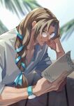  1boy bespectacled blue_eyes blue_ribbon blurry blurry_background book braid brown_hair chiron_(fate) closed_mouth curtained_hair expressionless fate/grand_order fate_(series) glasses hair_ribbon haruakira highres holding holding_book male_focus open_book palm_leaf reading ribbon round_eyewear shirt single_braid sleeves_rolled_up solo table upper_body v-neck watch white_shirt wristwatch 