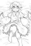  1girl animal_ears bird_ears bird_wings blush clenched_teeth dress earrings feathers fingernails frilled_dress frilled_sleeves frills greyscale hair_between_eyes jewelry kneehighs long_fingernails long_sleeves moja_(moja4192) monochrome mystia_lorelei no_hat no_headwear sharp_fingernails short_hair single_earring solo teeth touhou wings 