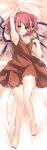  1girl animal_ears armpits barefoot bird_ears bird_wings blush breasts brown_dress brown_eyes brown_nails cleavage collarbone dakimakura_(medium) dress earrings fingernails full_body haya_taro_pochi highres jewelry large_breasts long_fingernails mystia_lorelei nail_polish open_mouth pink_hair sharp_fingernails short_hair single_earring solo toenail_polish toenails touhou white_wings wings 