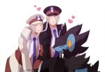  2boys :t black_coat black_headwear brothers closed_mouth coat collared_shirt dress_shirt emmet_(pokemon) grey_eyes grey_hair hat heart high_collar ingo_(pokemon) jaho long_sideburns luxray male_focus multiple_boys peaked_cap pokemon pokemon_(creature) pokemon_(game) pokemon_bw shirt short_hair siblings sideburns trench_coat white_background white_coat white_headwear white_shirt 