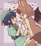 2girls animal_ears bare_shoulders belt black_hair blush brown_hair brown_legwear brown_shirt brown_skirt captain_(kemono_friends) chacodoodle_xx collared_shirt commentary_request dhole_(kemono_friends) dog_ears dog_girl dog_tail gloves green_eyes green_shirt green_shorts hair_between_eyes hat_feather heart helmet highres kemono_friends kemono_friends_3 light_brown_hair multicolored_hair multiple_girls pith_helmet pleated_skirt shirt short_hair short_sleeves shorts sitting skirt sleeveless t-shirt tail thighhighs translation_request two-tone_shirt uniform wariza white_gloves white_hair white_shirt yellow_eyes zettai_ryouiki 
