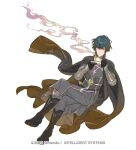  1boy armor black_footwear black_gloves blue_eyes blue_hair boots brown_coat byleth_(fire_emblem) byleth_(fire_emblem)_(male) closed_mouth coat coat_on_shoulders commentary crossed_legs cup dagger expressionless fire_emblem fire_emblem:_three_houses full_body gloves grey_pants grey_shirt holding holding_cup invisible_chair knee_boots knife looking_to_the_side official_art pants saucer scabbard sheath sheathed shirt short_hair simple_background sitting solo steam suzuki_rika teacup vambraces watermark weapon white_background 