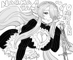  1girl absurdres apron bb_(baalbuddy) bent_over character_name cleavage_cutout closed_mouth clothing_cutout commentary dress english_commentary floating_hair granblue_fantasy greyscale hair_over_one_eye heart_cutout highres holding holding_sword holding_weapon horns juliet_sleeves long_sleeves looking_at_viewer monochrome narmaya_(granblue_fantasy) narmaya_(valentine)_(granblue_fantasy) official_alternate_costume one_eye_covered original pointy_ears puffy_sleeves simple_background smile solo sweater sweater_dress sword weapon white_background 