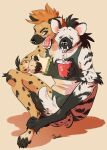  ambiguous_gender anthro beverage bottomwear clothing conjoined digitigrade eating hi_res hyaenid mammal multi_head sandwich_(disambiguation) shirt shorts sitting spotted_hyena straw striped_hyena tank_top titaah topwear 