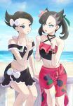  2girls :o arm_support bangs beach black_hair black_shirt blue_eyes bow cloud collarbone commentary_request day earrings eyelashes flower green_ribbon hair_bow hair_flower hair_ornament hair_ribbon hand_up hands_up im_i_masa index_finger_raised jewelry knees marley_(pokemon) marnie_(pokemon) multiple_girls navel off-shoulder_shirt off_shoulder official_alternate_costume outdoors pink_flower pokemon pokemon_(game) pokemon_dppt pokemon_masters_ex ribbon sand sarong shirt shore short_hair sitting sky swimsuit water white_bow 
