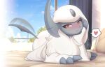  &lt;3 2022 absol absurd_res bed blush canid claws female feral fur furniture grey_body hair half-closed_eyes hi_res kemono looking_at_viewer lute_(zinfyu) lying mammal narrowed_eyes nintendo on_bed on_front pictographics pillow pok&eacute;mon pok&eacute;mon_(species) red_eyes smile smiling_at_viewer solo speech_bubble tail_motion tailwag video_games white_body white_fur white_hair zinfyu 