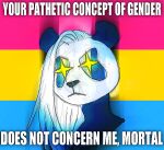  ambiguous_gender anthro compression_artifacts english_text flag frown frowning_at_viewer fur giant_panda glowing glowing_eyes hair lgbt_pride long_hair mammal meme pansexual_pride_colors pride_color_flag pride_colors simple_background solo tasanko text ursid white_body white_fur white_hair 