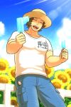  1boy aopanda closed_eyes collarbone denim enjoji_michiru fence flower food green_hair hat highres idolmaster idolmaster_side-m incoming_food jeans kamaboko leaning looking_at_viewer male_focus narutomaki open_mouth pants popsicle shirt smile solo straw_hat summer sunflower sunlight tan white_shirt 