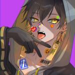  1boy bangs barcode barcode_tattoo black_gloves black_hair black_jacket blonde_hair crossed_bangs drawstring earrings fangs gloves grey_hoodie hair_between_eyes heart highres holostars hood hood_up hoodie isaru jacket jewelry looking_at_viewer male_focus multicolored_hair neck_tattoo open_mouth portrait purple_background ribbon ribbon-trimmed_sleeves ribbon_trim short_hair sideways_glance simple_background solo star_(symbol) sticker sticker_on_face tattoo teeth tongue tongue_out two-tone_hair upper_teeth v virtual_youtuber yatogami_fuma yellow_eyes yellow_ribbon 
