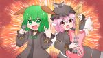  2girls animal_ears bird_ears bird_wings black_dress black_headwear blush brown_eyes choujuu_gigaku coruthi dog_ears dress electric_guitar fingernails green_eyes green_hair guitar hair_between_eyes highres holding holding_instrument holding_microphone instrument kasodani_kyouko long_fingernails long_sleeves microphone multiple_girls music mystia_lorelei nail_polish open_mouth pink_hair pink_nails playing_instrument sharp_fingernails short_hair smile touhou upper_body white_wings winged_hat wings 