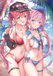  2girls bangs bare_shoulders beach bikini blue_hair blush breasts cleavage cloud collarbone colored_inner_hair commentary_request day eyewear_on_head fang hair_ribbon hat heterochromia highres hololive houshou_marine jacket large_breasts lips long_hair looking_at_viewer minato_aqua multicolored_hair multiple_girls navel ocean off_shoulder open_mouth outdoors palm_tree purple_eyes purple_hair red_bikini red_eyes red_hair red_nails ribbon shirakawako sky smile streaked_hair sunglasses swimsuit tree twintails two-tone_hair virtual_youtuber water wet yellow_eyes 