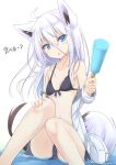  1girl :o absurdres ahoge animal_ears bangs bikini black_bikini blue_eyes breasts coat collarbone extra_ears feet_out_of_frame food fox_ears fox_girl fox_tail hair_between_eyes hair_strand hand_on_own_knee highres holding_ice_cream knees_together_feet_apart knees_up long_hair looking_at_viewer off_shoulder original partially_submerged popsicle simple_background sitting small_breasts solo swimsuit tail water white_background white_coat white_hair yukishiro_haku 