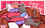  &lt;3 anthro belly bottomwear clothing cuddling detailed_background domestic_cat duo ears_up embrace eyes_closed feet felid feline felis female female/female fur furniture green_body green_fur grey_body grey_fur head_tuft hi_res highlights_(coloring) hug lgbt_pride lying lying_on_sofa mammal nifty_(artist) on_sofa overweight pink_body pink_fur pride_colors purple_body purple_fur shadow sheilah_(5h3i1ah) shirt shorts signature sitting sitting_on_sofa sofa t-shirt text topwear toxxy_(slime_cat) trans_(lore) trans_woman_(lore) transgender_pride_colors tuft white_body white_fur 