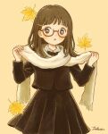 1girl :o autumn autumn_leaves bangs blush brown_eyes brown_hair glasses hair_ornament hairclip highres holding holding_clothes holding_scarf long_hair long_sleeves looking_to_the_side open_mouth original pleated_skirt red-framed_eyewear scarf school_uniform signature skirt solo tokoyu 