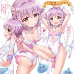  1girl angel_leotard breasts brown_eyes clothing_cutout commentary_request commission dragon_quest dragon_quest_vi frilled_leotard frills idolmaster idolmaster_cinderella_girls koshimizu_sachiko leotard looking_at_viewer multiple_views navel_cutout purple_hair short_hair skeb_commission slime_(dragon_quest) small_breasts smile translation_request tsukishima_makoto white_leotard 