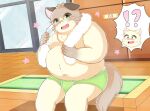  2022 anthro belly beverage big_belly blush bulge clothing detailed_background domestic_cat exclamation_point felid feline felis hi_res humanoid_hands kemono male mammal mau_(artist) navel overweight overweight_male question_mark sitting towel towel_around_neck underwear 