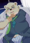  2022 anthro belly big_belly blush bulge clothing eyewear glasses hi_res kemono leib_(tas) lifewonders male mammal mau_(artist) necktie night overweight overweight_male polar_bear shirt solo tokyo_afterschool_summoners topwear underwear undressing ursid ursine video_games white_body window 