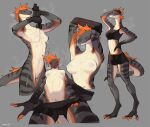  2022 anthro bebebebebe biped black_body bodily_fluids bottomwear bottomwear_down breasts clothed clothing digital_media_(artwork) female genitals grey_background grey_body hair hi_res lizard multicolored_body nipples orange_body orange_eyes orange_hair pants pants_down partially_clothed pussy reptile scalie simple_background solo sweat white_body 