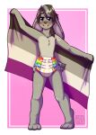 3_toes anthro artist_logo asexual_pride_colors black_eyebrows black_hair black_nose blue_eyes blush chest_tuft diaper ears_down eye_through_hair eyebrow_through_hair eyebrows feet flag front_view fur glistening glistening_eyes glistening_hair grey_body grey_ears grey_fur grey_hair hair happy hi_res hip_tuft holding_flag holding_object lagomorph leporid lgbt_pride logo long_ears looking_at_viewer male mammal multicolored_hair open_mouth open_smile pink_tongue pivoted_ears pride_colors rabbit rainbow_diaper riddlr simple_background smile solo teeth toes tongue translucent translucent_hair tuft two_tone_hair wearing_diaper 