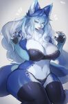  5_fingers anthro big_breasts black_nose blue_body blue_eyes blue_fur blue_hair bra breasts canid canine chest_tuft claws cleavage clothed clothing digital_media_(artwork) eyelashes eyeshadow female fingers fox fur hair hi_res legwear looking_at_viewer makeup mammal midriff navel open_mouth panties pawpads saphayla_(zelianda) simple_background smile solo stockings suurin_2 thick_thighs thigh_highs tongue tuft underwear white_body white_fur 