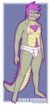  anthro barefoot body_hair briefs briefs_only brown_eyes chest_hair clothed clothing crocodile crocodilian crocodylid detailed_background eyewear facial_hair feet glasses green_body green_scales hair hi_res male mohawk navel nipples pink_hair reptile scales scalie sideburns solo teeth_showing tighty_whities topless underwear underwear_only wanikami white_briefs white_clothing white_underwear 