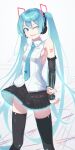  1girl ;d arms_behind_back black_legwear black_skirt black_sleeves blue_hair blue_nails blue_necktie breasts collared_shirt detached_sleeves dress_shirt floating_hair hakisou_(haki-sou) hatsune_miku hatsune_miku_(vocaloid4) headphones headset highres long_hair long_sleeves looking_at_viewer microphone miniskirt nail_polish necktie one_eye_closed open_mouth pleated_skirt shiny shiny_clothes shiny_hair shiny_legwear shirt skirt sleeveless sleeveless_shirt small_breasts smile solo standing thighhighs very_long_hair vocaloid white_background white_shirt wing_collar zettai_ryouiki 