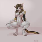  anthro arnius breasts brown_hair calico_cat crouching domestic_cat felid feline felis female fur genitals green_eyes hair hi_res looking_at_viewer mammal mottled piebald pussy simple_background solo tongue tongue_out whiskers white_body white_fur 