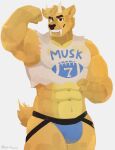  absurd_res anthro boyo_francis brown_eyes cervid cervine clothing crop_top dj_strap fangs flexing_bicep fur hi_res horn jockstrap lineless male mammal midriff muntjac muscular shirt solo text text_on_clothing text_on_topwear topwear underwear yellow_body yellow_fur 