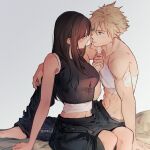  1boy 1girl apron bandages bandaid bandaid_on_arm bare_arms bare_shoulders barefoot black_hair black_shorts blonde_hair blue_eyes blush breasts cloud_strife couple crop_top final_fantasy final_fantasy_vii final_fantasy_vii_advent_children highres large_breasts long_hair looking_at_another maiii_(smaii_i) midriff_peek navel red_eyes shirt shorts simple_background sitting sleeveless sleeveless_shirt spiked_hair tifa_lockhart topless_male twitter_username waist_apron 