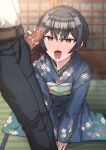  1boy 1girl after_fellatio black_hair black_pants blue_kimono blush censored cum cum_in_mouth cum_on_hair cum_on_penis cum_on_tongue erection erere facial floral_print hair_between_eyes hetero idolmaster idolmaster_shiny_colors indoors japanese_clothes kimono morino_rinze mosaic_censoring obi on_floor open_mouth pants penis red_eyes sash short_hair solo_focus tongue tongue_out 