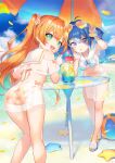  2girls :d ahoge amiami_(company) amico arm_up ass ball bangs beach beach_umbrella beachball bikini blue_eyes blue_hair blue_sky blush breasts cloud cloudy_sky collarbone commentary_request crossed_bangs detached_collar drinking_straw eyelashes eyewear_on_head feet_out_of_frame from_behind full_body green_eyes hair_ornament hair_scrunchie henreader highres kneepits leaning_forward legs lilco logo_hair_ornament long_hair looking_at_viewer looking_back medium_breasts multiple_girls navel off-shoulder_bikini off_shoulder official_art open_mouth orange_hair outdoors print_bikini sailor_collar sandals scrunchie see-through shiny shiny_hair shiny_skin sidelocks sky smile starfish striped striped_bikini swimsuit table teeth thighs toes twintails two_side_up umbrella upper_teeth water 