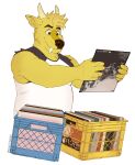  absurd_res anthro borkthunder brown_eyes cervid cervine clothing dj_strap fangs fur hi_res horn male mammal milk_crate muntjac shirt sleeveless_shirt solo topwear vinyl_record yellow_body yellow_fur 