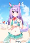  1girl animal_ears ass_visible_through_thighs bangs beach beach_umbrella bikini bikini_skirt blue_bikini blue_sky cloud cowboy_shot day ear_bow ear_ribbon highres horizon horse_ears horse_girl horse_tail long_hair mejiro_mcqueen_(umamusume) nut_megu outdoors polka_dot polka_dot_bikini purple_eyes purple_hair sky solo swept_bangs swimsuit tail tropical_drink umamusume umbrella 