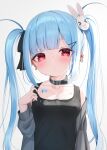  &gt;_&lt; 1girl :d :o absurdres bandaid bangs black_bow black_collar black_tank_top blue_hair blush bow breasts bunny_hair_ornament collar collarbone commentary_request ear_piercing gradient gradient_background grey_background grey_jacket hair_bow hair_ornament hairclip highres jacket long_hair looking_at_viewer off_shoulder open_clothes open_jacket original parted_lips piercing red_eyes sidelocks small_breasts smile solo tank_top tsukiman twintails very_long_hair xd 