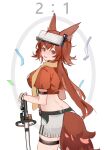  1girl absurdres animal_ears arknights arm_strap cowboy_shot crop_top flametail_(arknights) flametail_(sport_for_all)_(arknights) from_behind head-mounted_display highres official_alternate_costume orange_shirt red_eyes red_hair rero_(bigdoorbig2) scarf shirt short_hair_with_long_locks shorts squirrel_ears squirrel_girl squirrel_tail tail white_shorts 