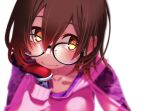  bangs blurry brown_eyes brown_hair close-up closed_mouth glasses gloves highres hololive hood hoodie long_sleeves looking_at_viewer looking_up pink_hoodie red_gloves roboco-san sakuya_tsuitachi smile transparent_background virtual_youtuber 