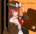  1girl ;) black_background black_headwear black_jacket bow braid brown_hair closed_mouth english_text fedora happy_birthday hat hat_bow holding holding_clothes holding_hat jacket luggage necktie one_eye_closed orange_background red_necktie s.advent shirt short_hair side_braid single_braid smile solo striped striped_background touhou two-tone_background usami_renko white_bow white_shirt 