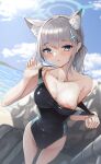  1girl animal_ear_fluff animal_ears areola_slip bag beach blue_archive blue_eyes blue_sky blurry blurry_background blush breasts bright_pupils cleavage clothes_pull cloud cloudy_sky commentary_request competition_swimsuit cross_hair_ornament duffel_bag grey_hair hair_ornament halo highleg highleg_swimsuit highres large_breasts mismatched_pupils one-piece_swimsuit parted_lips ponytail pulled_by_self shiroko_(blue_archive) shiroko_(swimsuit)_(blue_archive) sidelocks sky solo swimsuit swimsuit_pull take_(trude1945oneetyan) two-tone_swimsuit white_pupils 