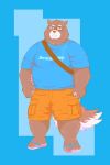  2022 absurd_res anthro belly blue_background bottomwear canid canine clothing eyewear footwear glasses hi_res humanoid_hands kemono male mammal morino8484 overweight overweight_male sandals shirt shorts simple_background solo topwear 